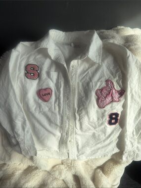Zara White Girls' Button-Up Jacket with Pink Patch Details